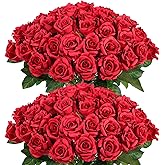 FOTEEWL 60 Pcs Artificial Rose Flower Realistic Faux Silk Roses Stem Fake Roses Bouquet for Flower Arrangement,Wedding Centerpieces,Party,Home Decorations (Burgundy)