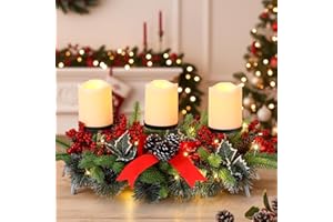 Baquler LED Christmas Candle Holder Centerpiece with 3 Candle Led Battery Operated Artificial Christmas Table Decorations Base Candelabrum for Dining Room Kitchen Indoor Home(Red)