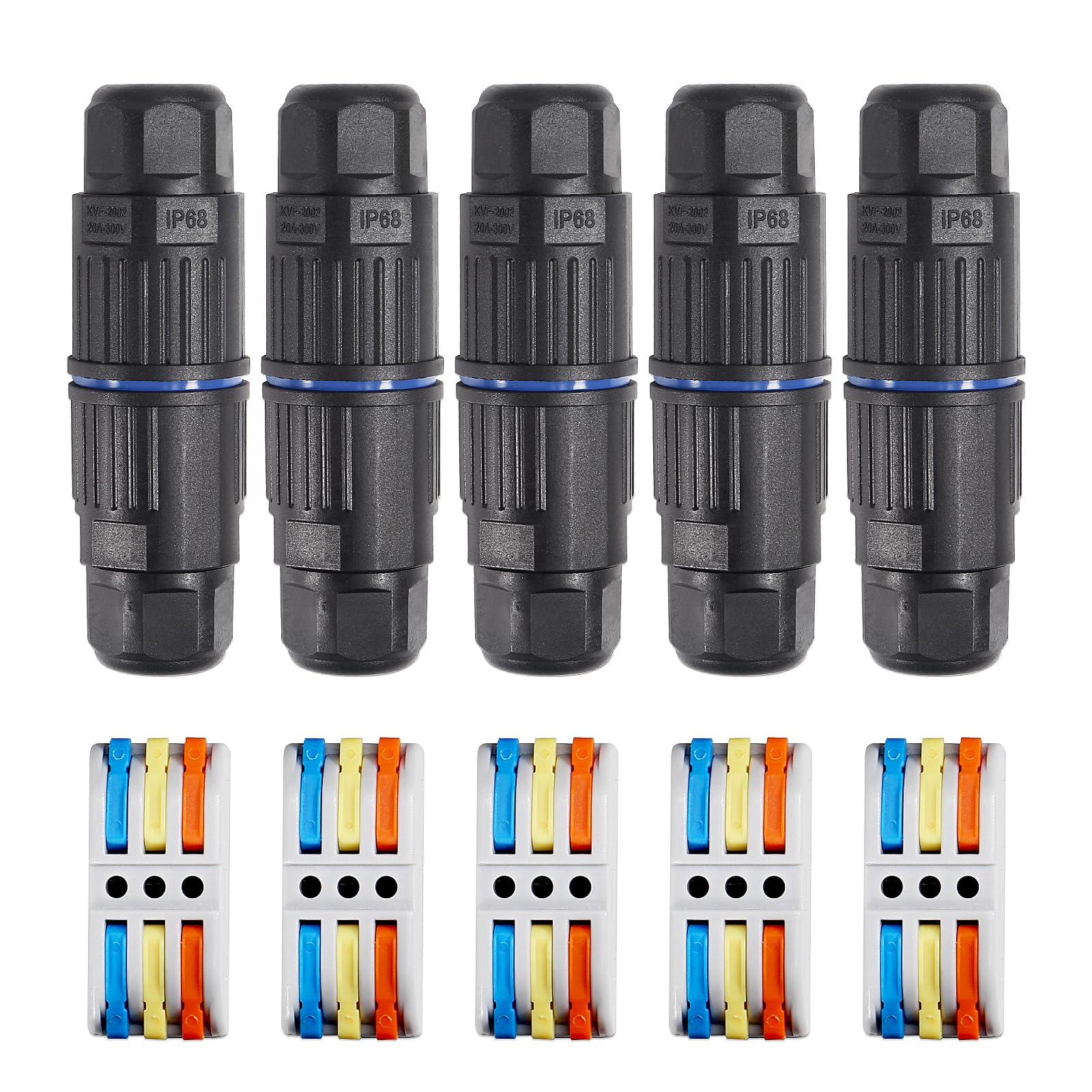 Dealikee 5PCS IP68 Waterproof Junction Box, Outdoor 3 Way Electrical Cable Connector, Replaceable Lever Wire Connectors for AWG 28-12, Quick Screwless Installation