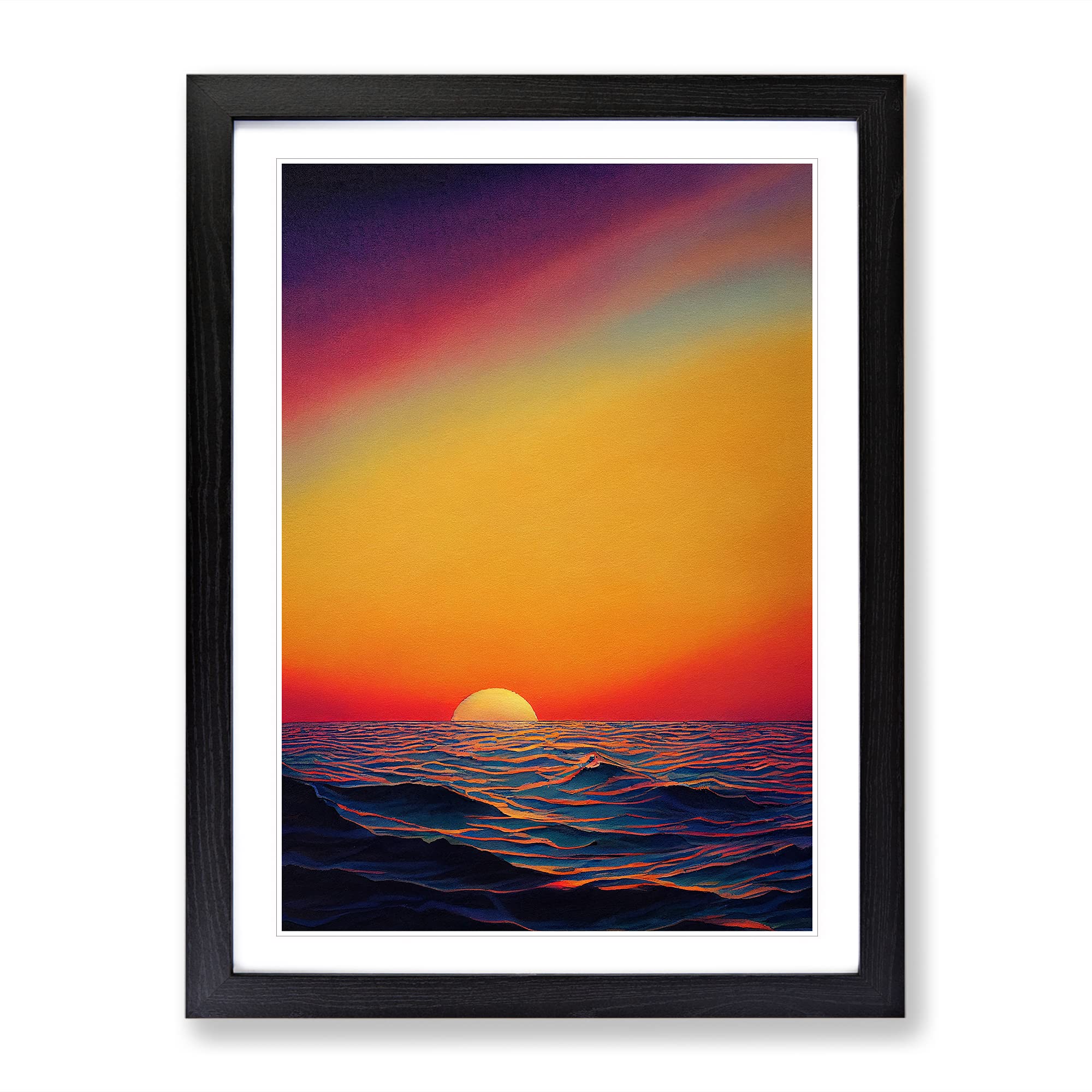 Ocean Sunset In Watercolour No.5 Framed Print | A3 Black Framed Wall Art | Ready to Hang | Modern Nautical Picture | Living Room Bedroom Lounge Office