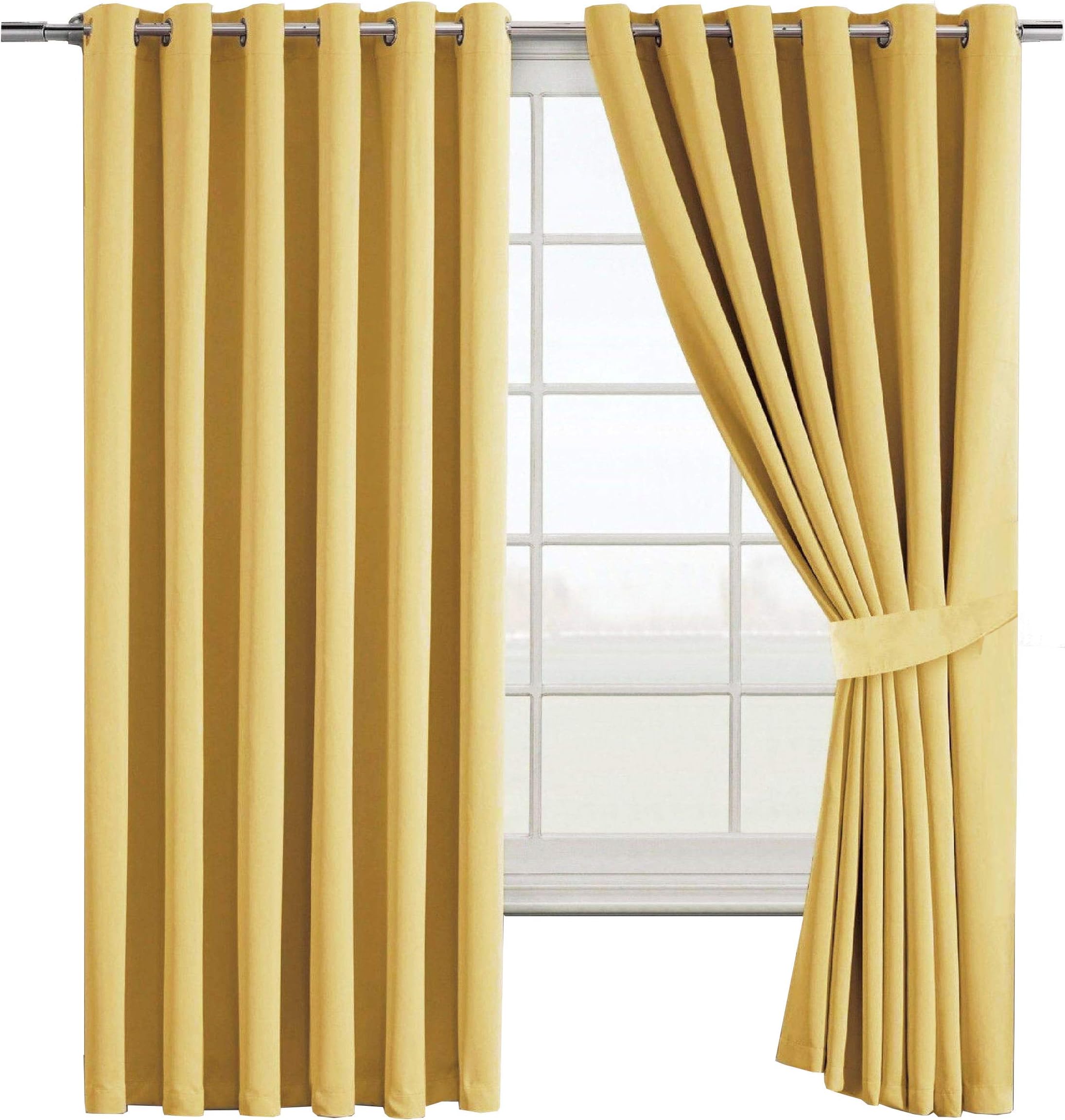 The House Of EmilyBlackout Room Darkening Eyelet Curtains - Thermal Insulating Window Curtains | Panels | Drapes - 2 Curtain Set - 2 Tie Backs Included (90" x 90", Ochre Yellow)