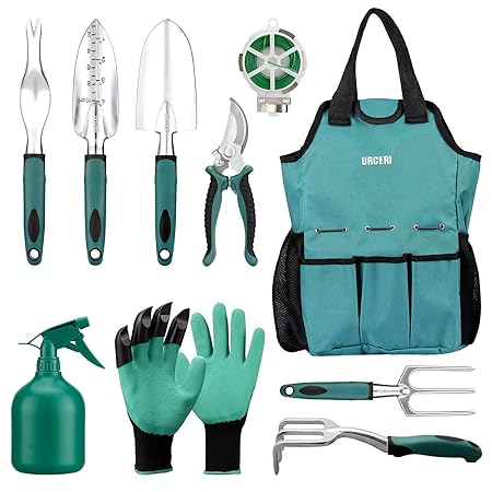 URCERI Gartenwerkzeug Set 10-teiliges Gartengeräte aus Edelstahl, Gartenschere Gartenhandschuhe Gartentasche und Garten-Sprüh
