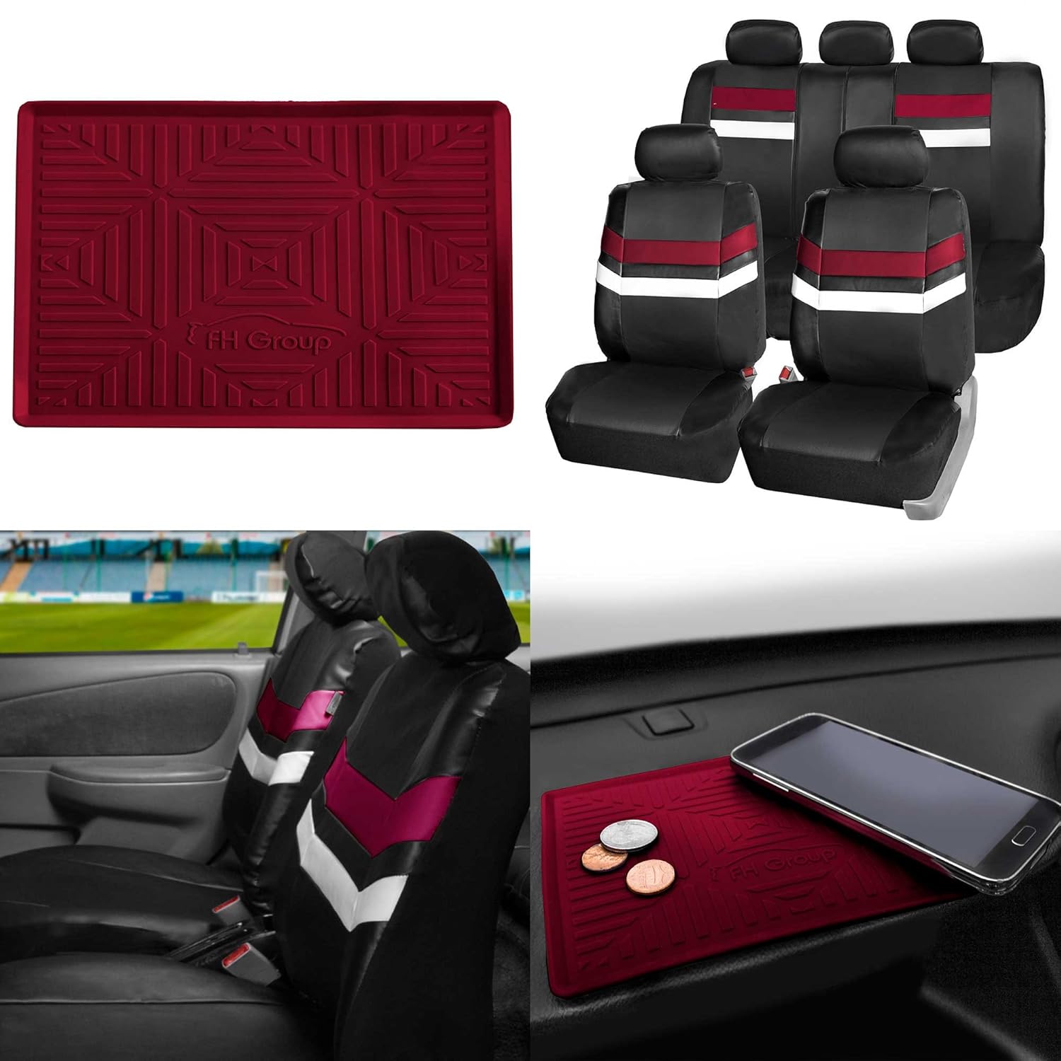 FH GROUP PU006115 Varsity Spirit PU Leather Seat Covers, Airbag & Split Ready w. FH3011 Silicone Anti-slip Dash Mat, Burgundy / Black Color
