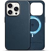 SHIELDON Case for iPhone 15 Pro 6.1", Genuine Leather - Magnetic Wireless Charging - Slim Fit - Non-Slip - Metal Button - Shock-Absorbent Protective Case Compatible with iPhone 15 Pro 2023 - Navy Blue