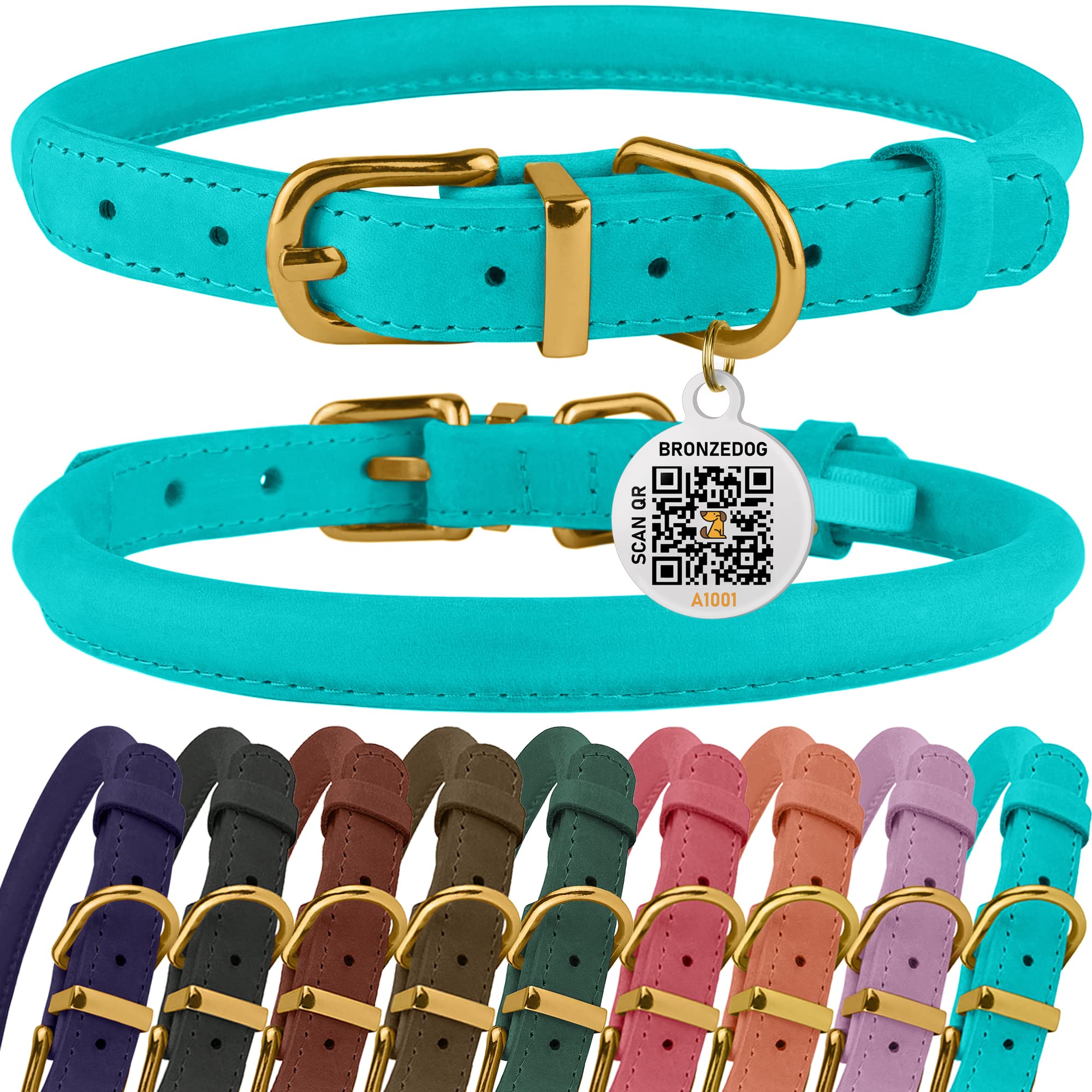 BRONZEDOG Rolled Leather Dog Collar with QR ID Tag Adjustable Soft Round Collars for Small Medium Large Dogs Puppy Cat (Turquoise, 35-41 cm)