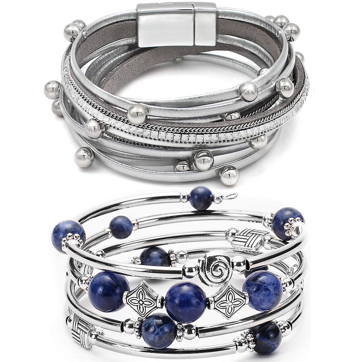 YooAi 2 Pieces Wrap Bracelet Multilayer Leather Bracelet Bohemian Beaded Tree of Life Bracelets Jewelry for Women Blue Grey