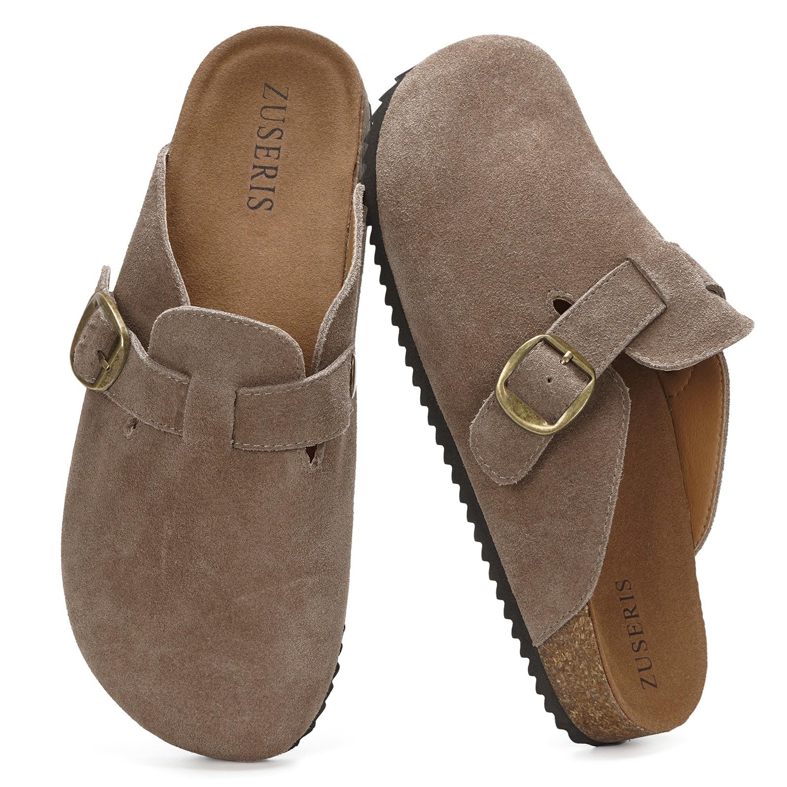 Photo 1 of ZUSERIS Womens Mens Suede Leather Clogs Cork Footbed Sandals Arch Support Comfort Mules Soft Potato Shoes with Adjustable Buckle,46 Dark Brown