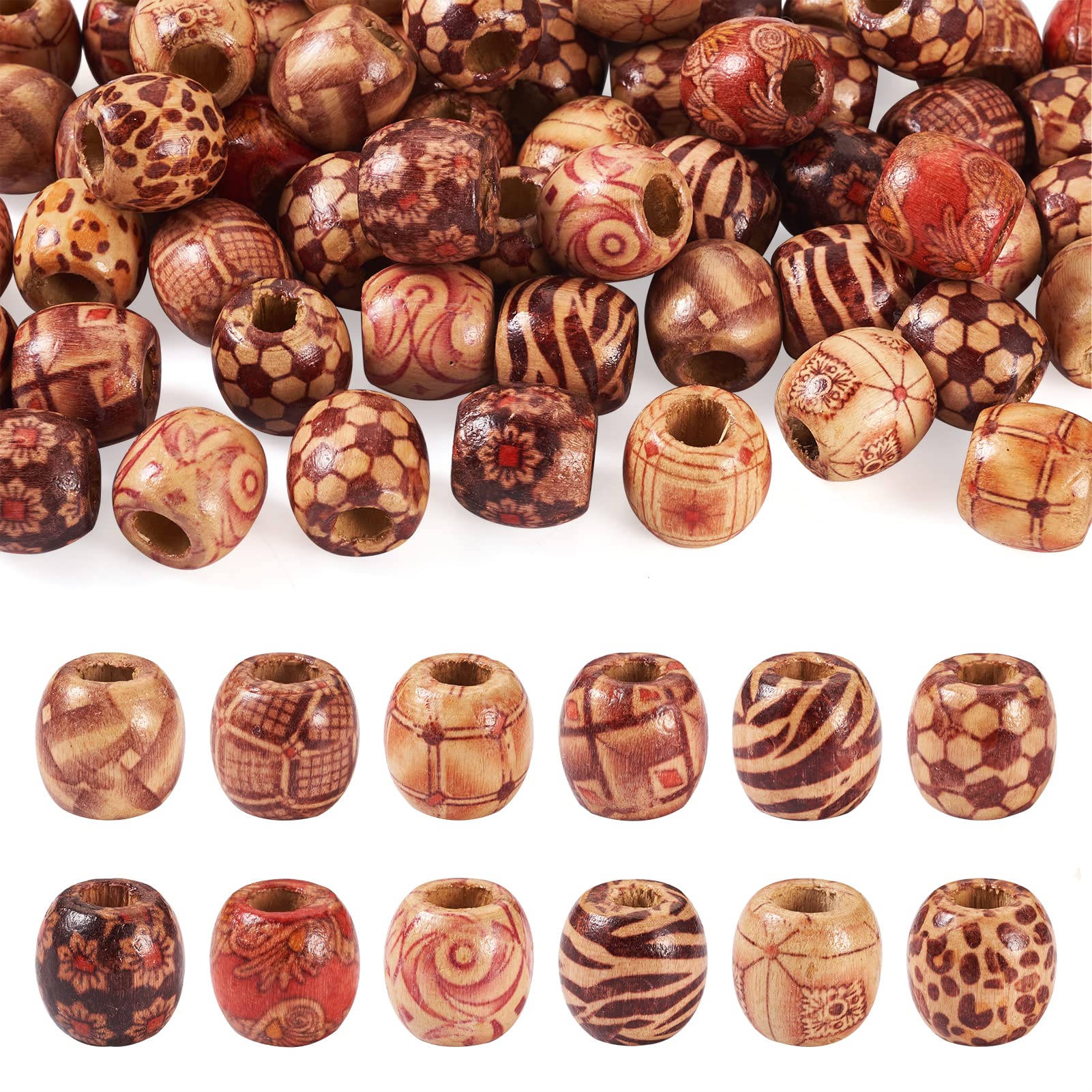 PandaHall 50Pcs Large Hole Printed Barrel Wooden Beads 16mm Mixed Jewelry Craft Making Loose Spacer Charm Wood Beads