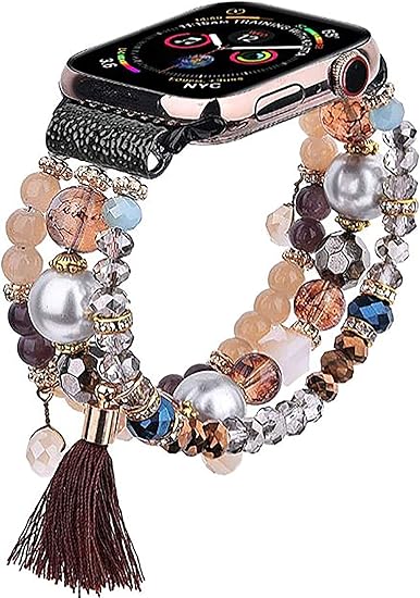 Amazon Com Cagos Bracelet Beadeds Compatible With Apple Watch Band 38mm 40mm Series Se 6 5 4 3 2 1 Cute Handmade Fashion Elastic Stretch Beaded Strap Replacement With Stainless Steel Adapter For Iwatch Brown