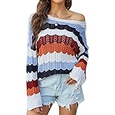 MISSKY Womens Off Shoulder Long Sleeve Sweater Color Block Wave Striped Sweaters for Women Knit Jumper Tops