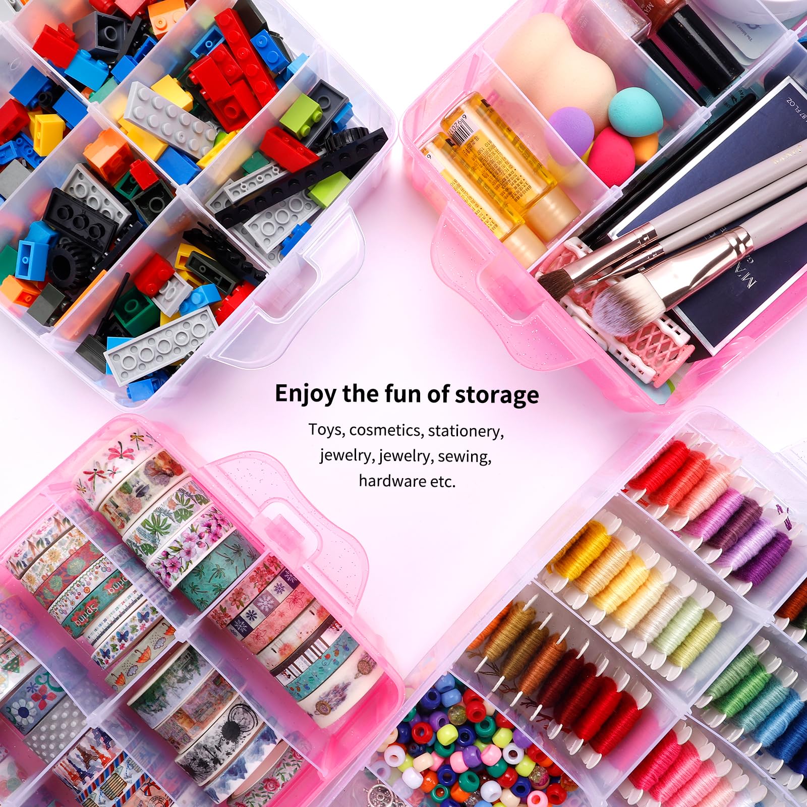 SGHUO SGHUO 3-Tier Pink Craft Storage Container, Stackable Organizer Box with Dividers for Art Supplies, Beads, Washi Tapes, Seed, Hair Accessories, Nail, 9.5X6.5X7.2in