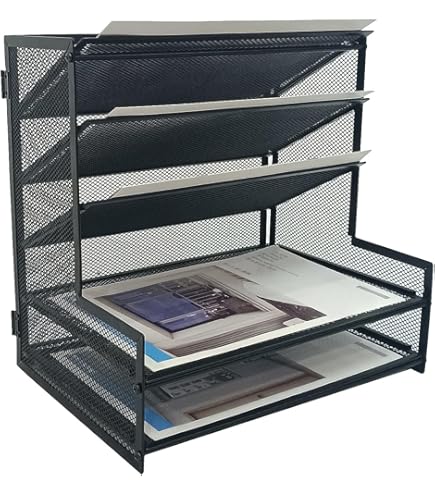 Metal Desk File Organizer - 3-Tier Letter Tray With 2 Hanging Baskets For Office & School