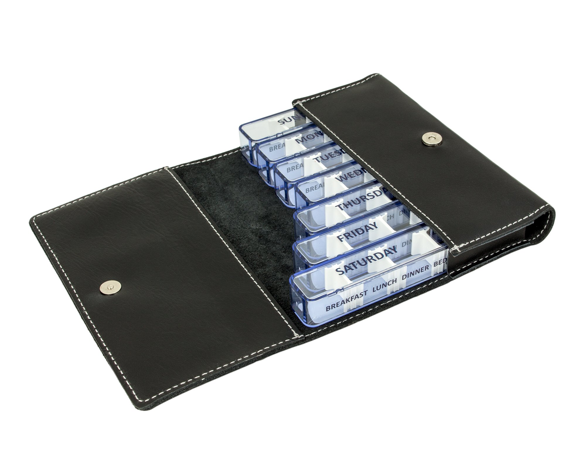 Kibodan Medidos 7-Day Weekly Pill Organiser – Small, Travel-Friendly Medicine and Vitamin Dispenser with 4 Adjustable Compartments. The Perfect Pill Organiser 4 Times a Day (Black, Leather)