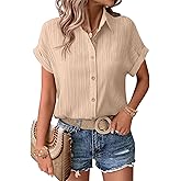 Zeagoo Womens Button Down Shirts Casual Short Sleeve Dress Shirt Textured Collared Summer Clothes Work Blouse