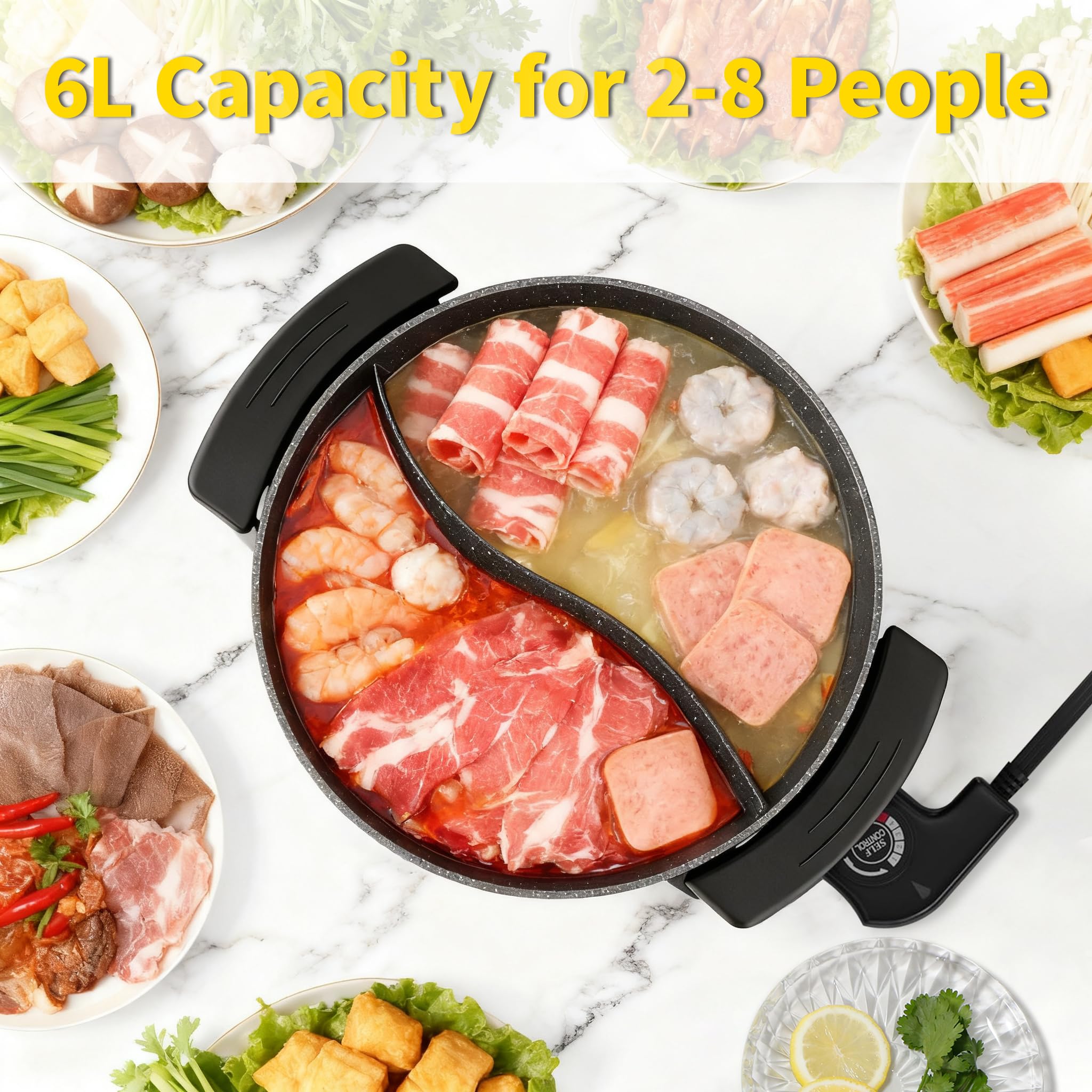 Food Party Electric Hot Pot with Divider Hotpot Pot Electric Hopot Cooker Shabu Shabu Pot 110V 1200W Non-Stick 6-Quart BPA FREE Fondue Chinese Hot Pot
