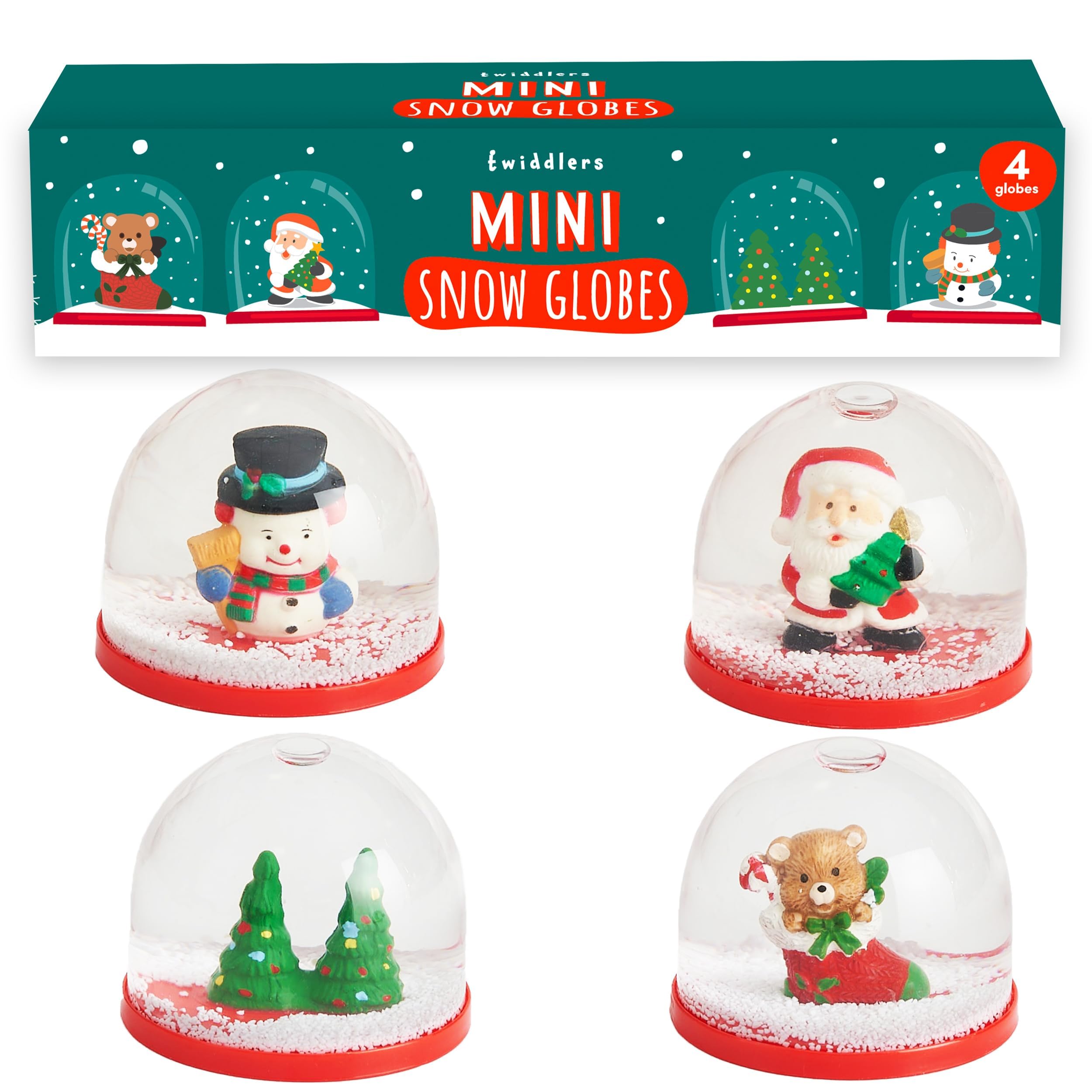 THE TWIDDLERS 4 Mini Christmas Snow Globes in Xmas Designs Stocking Fillers, Party Gift Bags, Festive Ornaments and Decorations for Kids & Adults - 6cm Globes (Snowman, Santa, Trees & Teddy)
