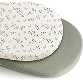 Konssy 2 Pack Muslin Bassinet Sheets for Boys, Girls, 100% Cotton Soft Breathable Fitted Bassinet Mattress Sheet, 32 x 16 inches (Sprout,Fog Green)