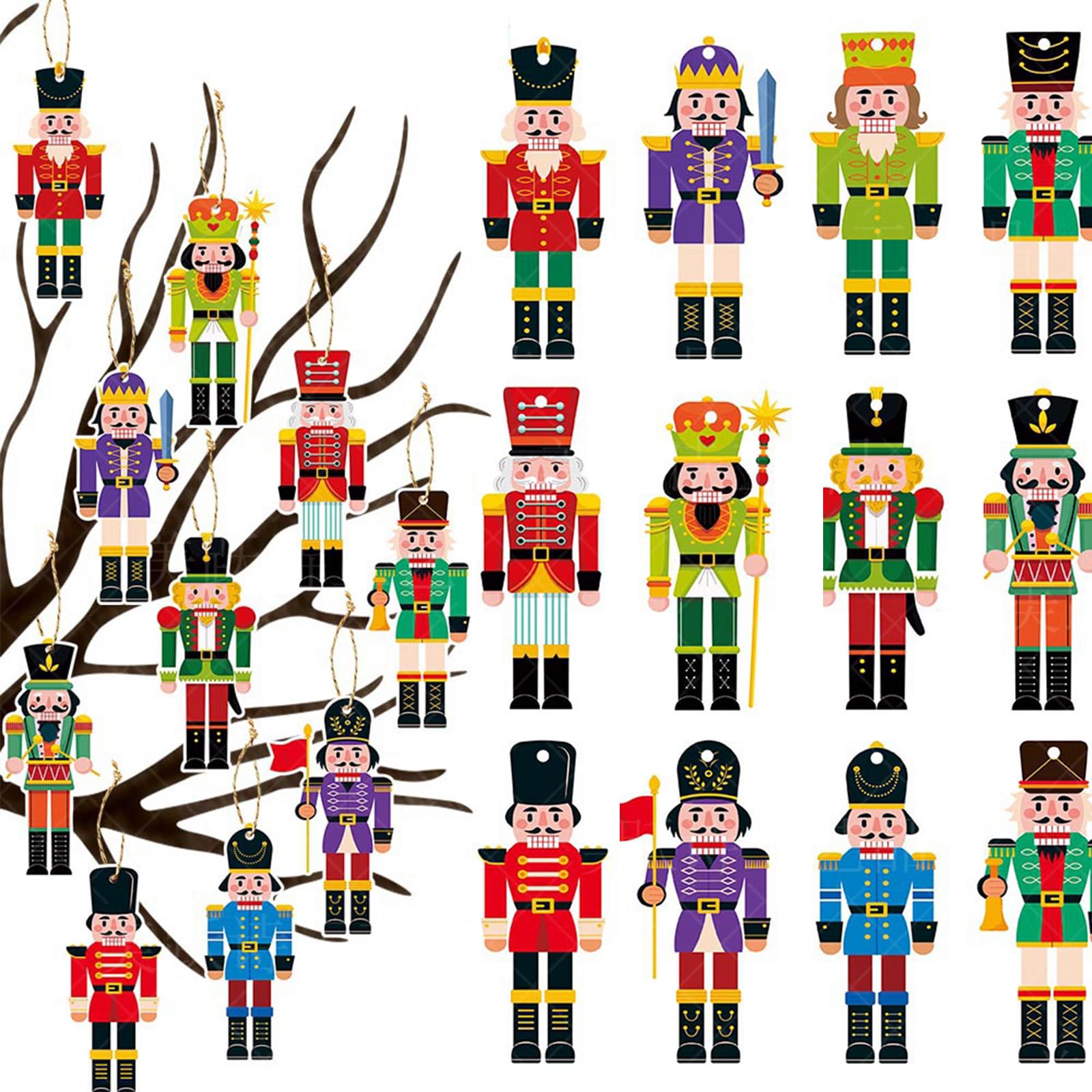 12Pcs Nutcracker Christmas Decorations, Xmas Tree Ornaments Hanging Set, Nutcracker Pendants for Indoors Tree Winter Holiday Party Supplies