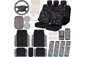 CHENGU 39 Pcs Bling Velvet Fabric Car Seat Covers Full Set Bling Car Accessories for Women Diamond Steering Wheel Cover Rhinestone Crystal Seat Belt Center Console Pad Floor Mat Car Decor(Colorful)