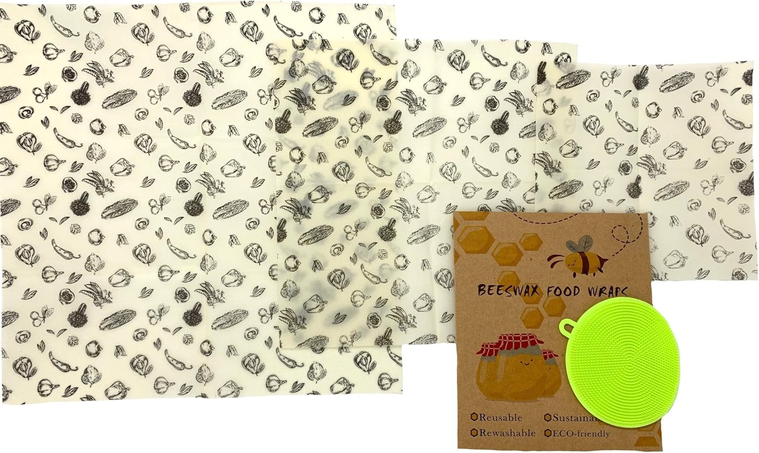 Beeswax Reusable Food Wraps w/Free Produce Scrubber - 3 Sizes - Nature's Solution to Plastic Food Wrap Alternatives - Fresher, Longer, Portable, Washable by Rich Rose Supply Co. (Produce Variety)