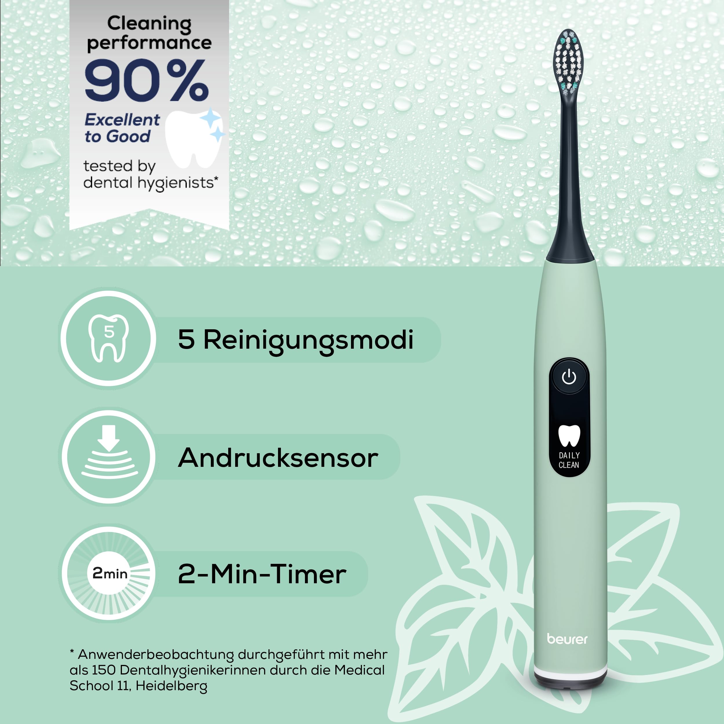 Beurer SC 50 Schallzahnbürste, elektrische Zahnbürste mit 5 Putzmodi & Andrucksensor, 80.000 Schwingungen, Display mit Putzdauer-Anzeige, inkl. 2 Aufsteckbürsten, 100% recyceltes Gehäuse (Peppermint) 3