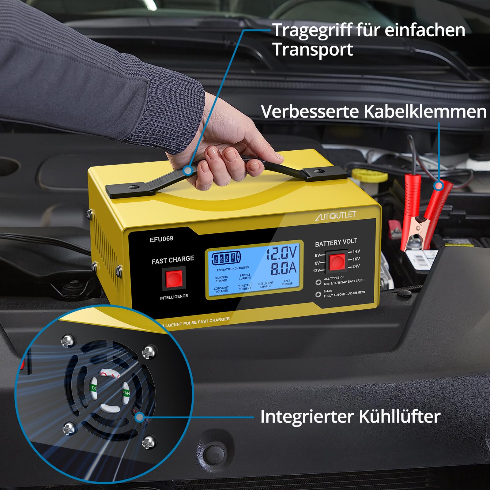 AUTOUTLET Ladegerät Autobatterie, 6/8/12/14/24V Smart vollautomatische KFZ Batterieladegerät Erhaltungsladegerät mit LCD Bildschirm, 0-14A Batterie Ladegerät für Auto Motorrad Rasenmäher Boot(Gelb) 4