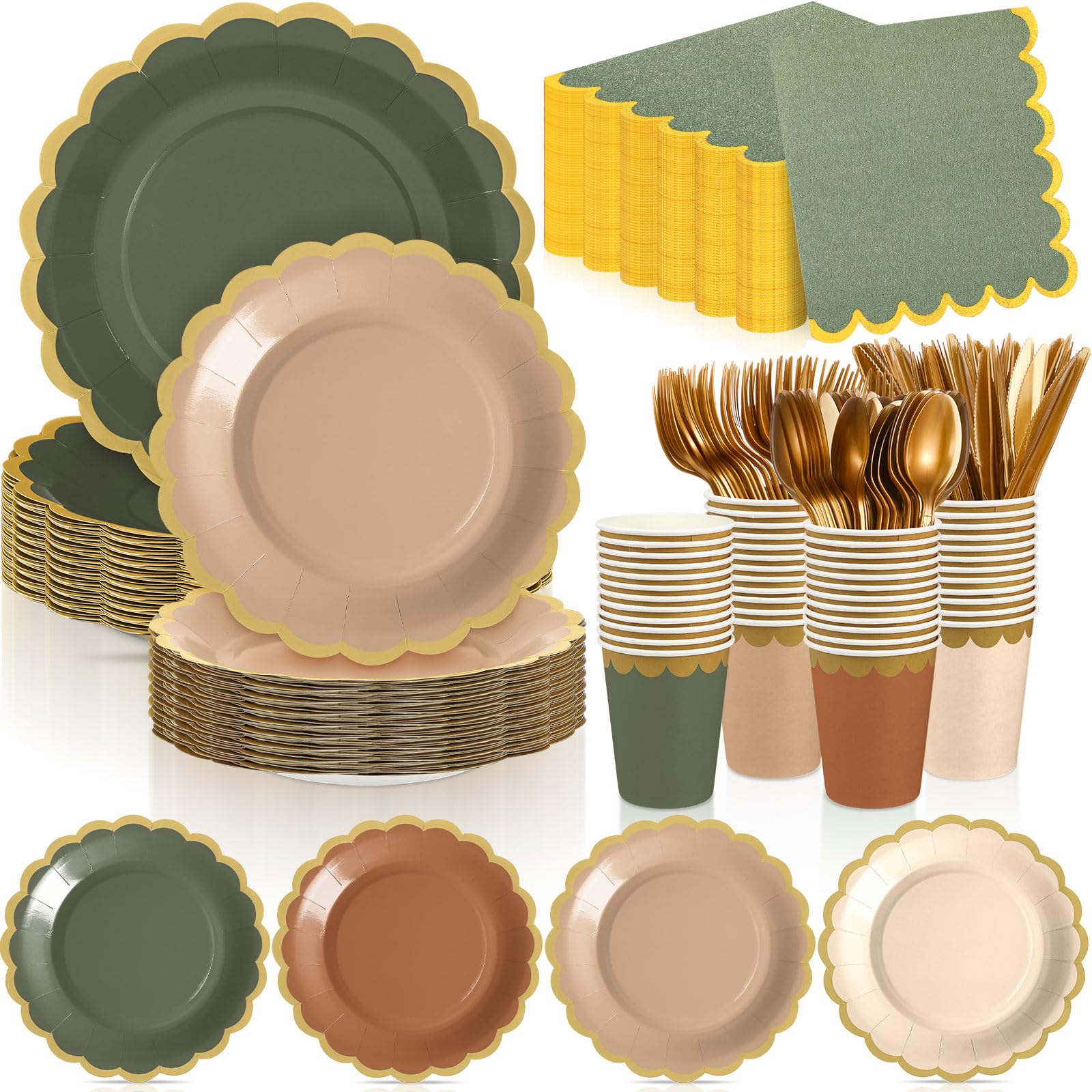 Photo 1 of Mimorou 338 Pcs Sage Green and Brown Plates and Napkins Party Supplies for Guests Woodland Baby Shower Tableware Include Forest Scalloped Plates Paper Napkin Cup Spoon Fork Knife for Wedding Birthday