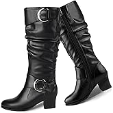Pixoecuty Riding Boots Women Knee High Slouch Round Toe Buckle Victorian Tall Boots Block Mid Heel Knee-High Boots