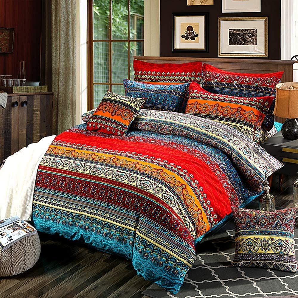 Bohemian Duvet Cover Set Full Colorful Floral Boho Striped Bedding Set Ultra Soft Microfiber Double Duvet Cover Southwestern Indian Tribal Reversible Bedding Exotic Style Decor Boho Comforter Cover