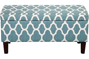 HomePop Large Upholstered Rectangular Storage Ottoman Bench with Hinged Lid, Teal Blue Geometric