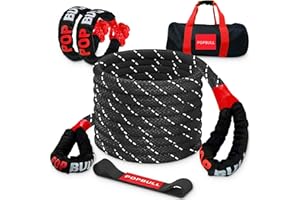 POPBULL Kinetic Recovery Rope,(1in x 30ft Black) 48000lbs Snatch Strap, Heavy Duty Stretch Nylon Towing Ropes with 2pcs Soft Shackles for Offroad Vehicle, Jeep, SUV, ATV, Tractor Elastic Ropes Kit