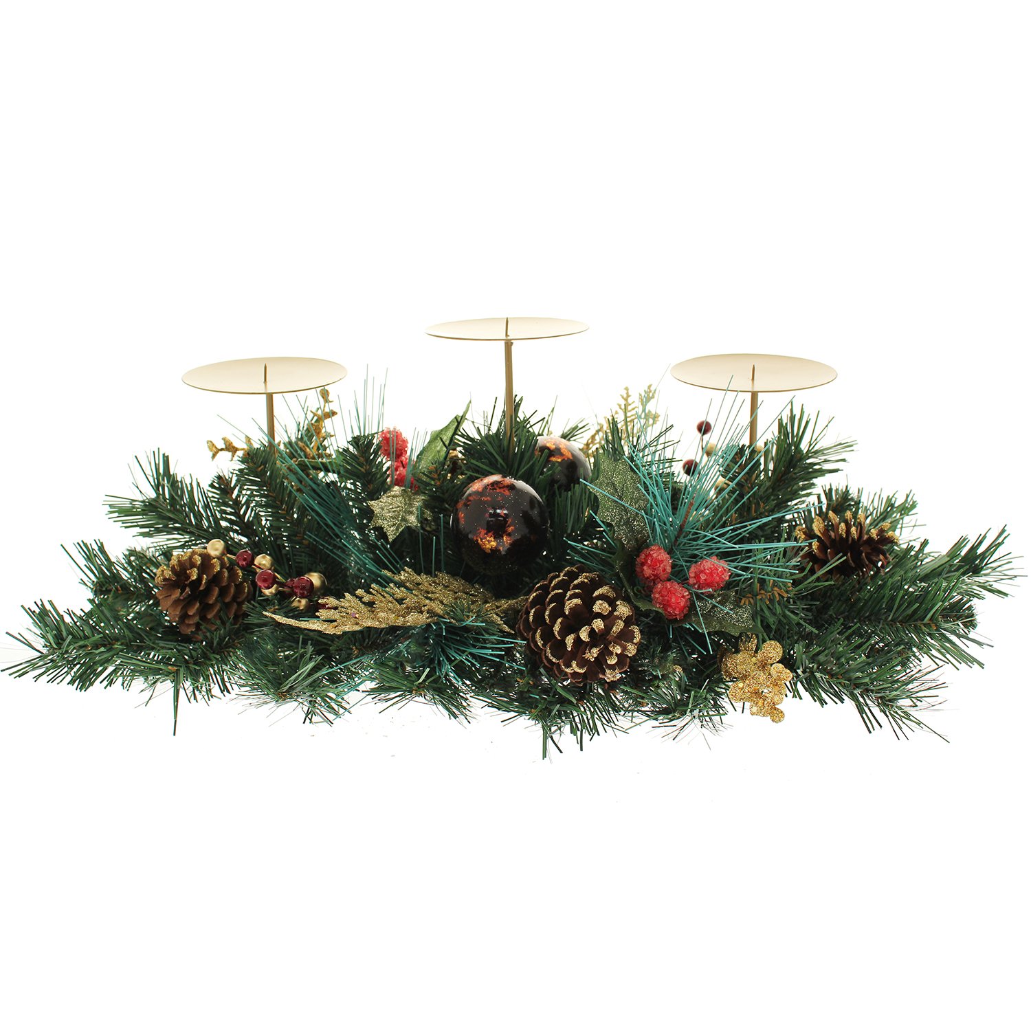 WeRChristmas 52 cm Berries/Pine Cone/Leaves Decorated Table Centre Piece with 3-Pillar Candle Holder Christmas Decoration, Red/Gold