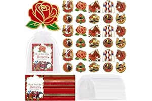 Jpfezry 30sets Kentucky Party Derby Decoration Gifts – Horse Brooch, Hat, Rose Pins with Cards Bags, Bulk Party Favors, Racin