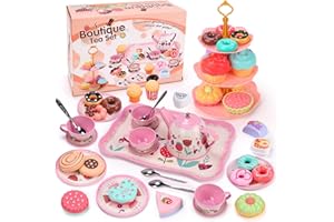 QIZEBABY 48-Piece Princess Pretend Tea Party Set for Girls, Tin Tea Set with Teapot, Teacups, Dishes & Dessert Toys, Play Kit