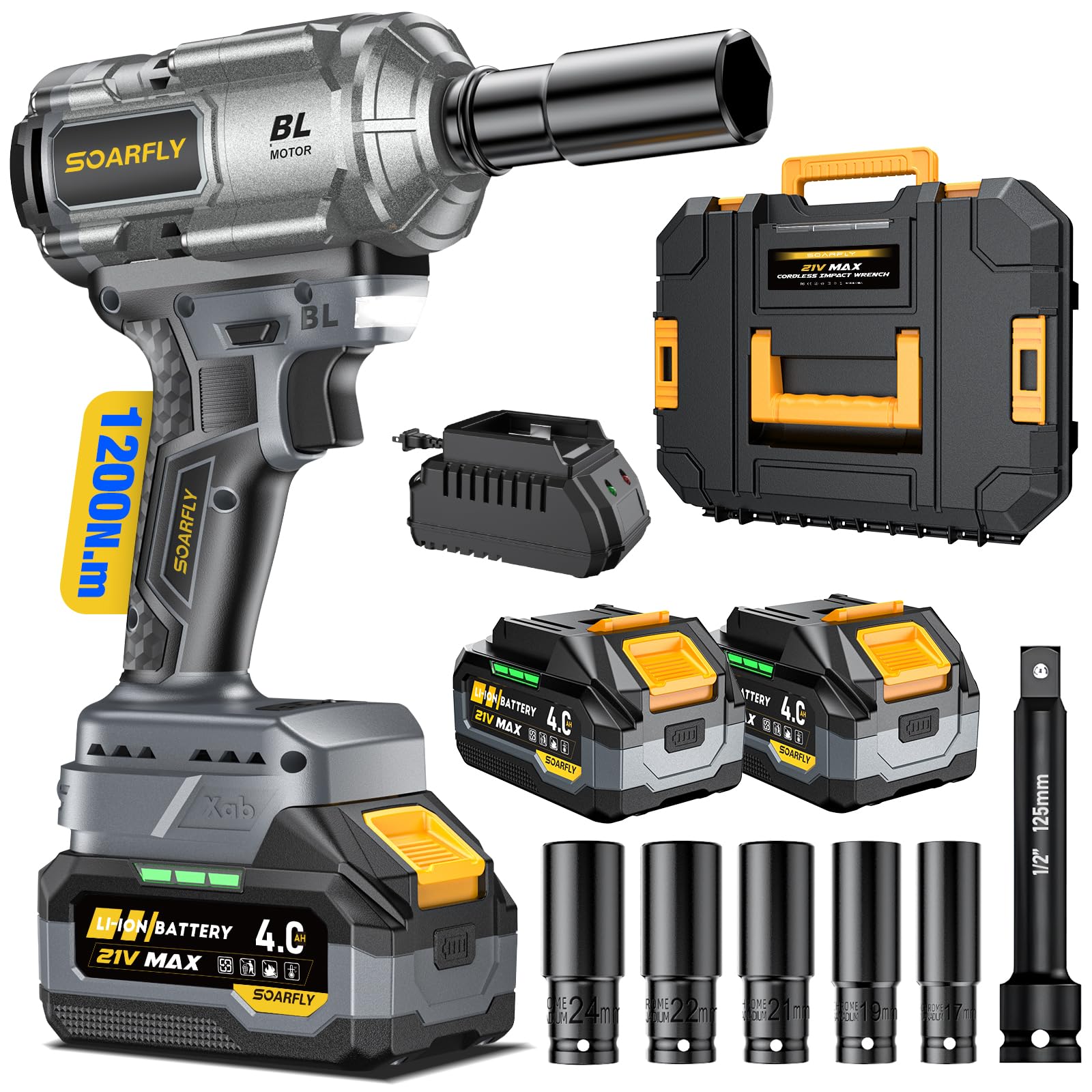 SoarFly Akku Schlagschrauber, 1200 Nm (900 FT-LBS), 1/2-Zoll-Schlagschrauber mit hohem Drehmoment, bürstenloser Motor, 2x4.0Ah Akku, 3 Geschwindigkeitsstufen, für Reifenwechsel und Kfz-Wartung
