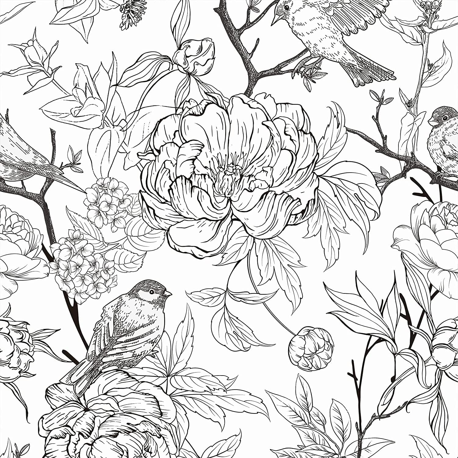 SOEWIOU Floral Peel and Stick Wallpaper,300 * 45cm Removable Waterproof Wallpaper Sketching Flowers and Birds Contact Paper for Nursery Home Decorations