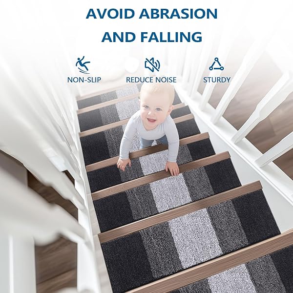 OLANLY STAIR TREADS NON SLIP 4PCS, 8″ X 30″ INDOOR STAIR RUNNERS FOR WOODEN STEPS, EDGING STAIR RUGS WITH REUSABLE PEEL AND STICK ADHESIVE FOR KIDS ELDERS AND PETS, BLACK