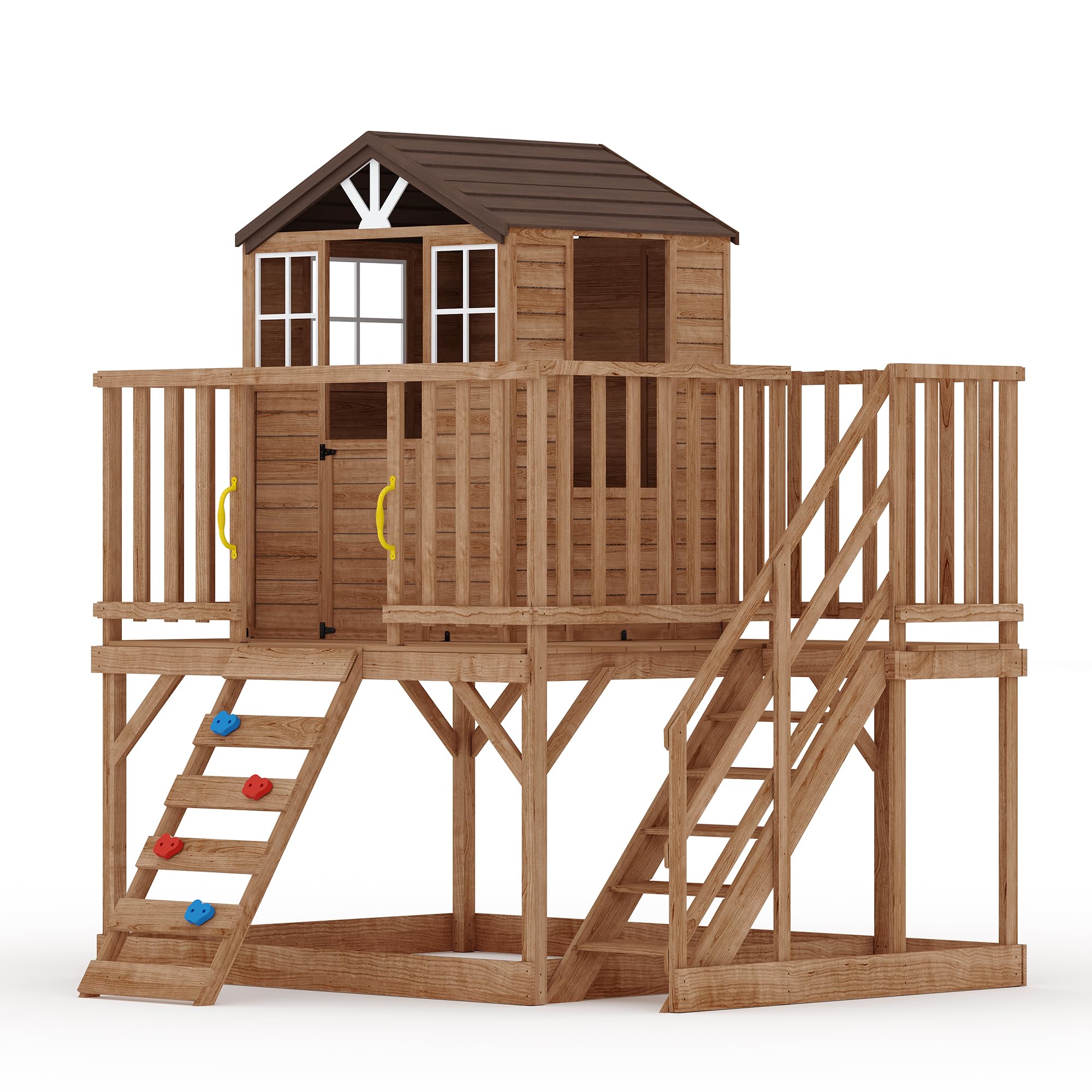 Photo 1 of **SCRAPES FROM TRANSPORT**GarveeLife Outdoor Wooden Playhouse with Climbing Wall, 2 Story Wooden Playhouse with Step Ladder, Elevated Modern Cedar Playhouses Kids