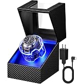 Automatic Single Watch Winder Box,4 Modes, Quiet Motor, Type-C Adapter, LED | For Automatic Watches, 4 Modes, USB-C Adapter or Battery Powered, Black Carbon Fiber, Auto Watch Winder Case for Men UJWW006C