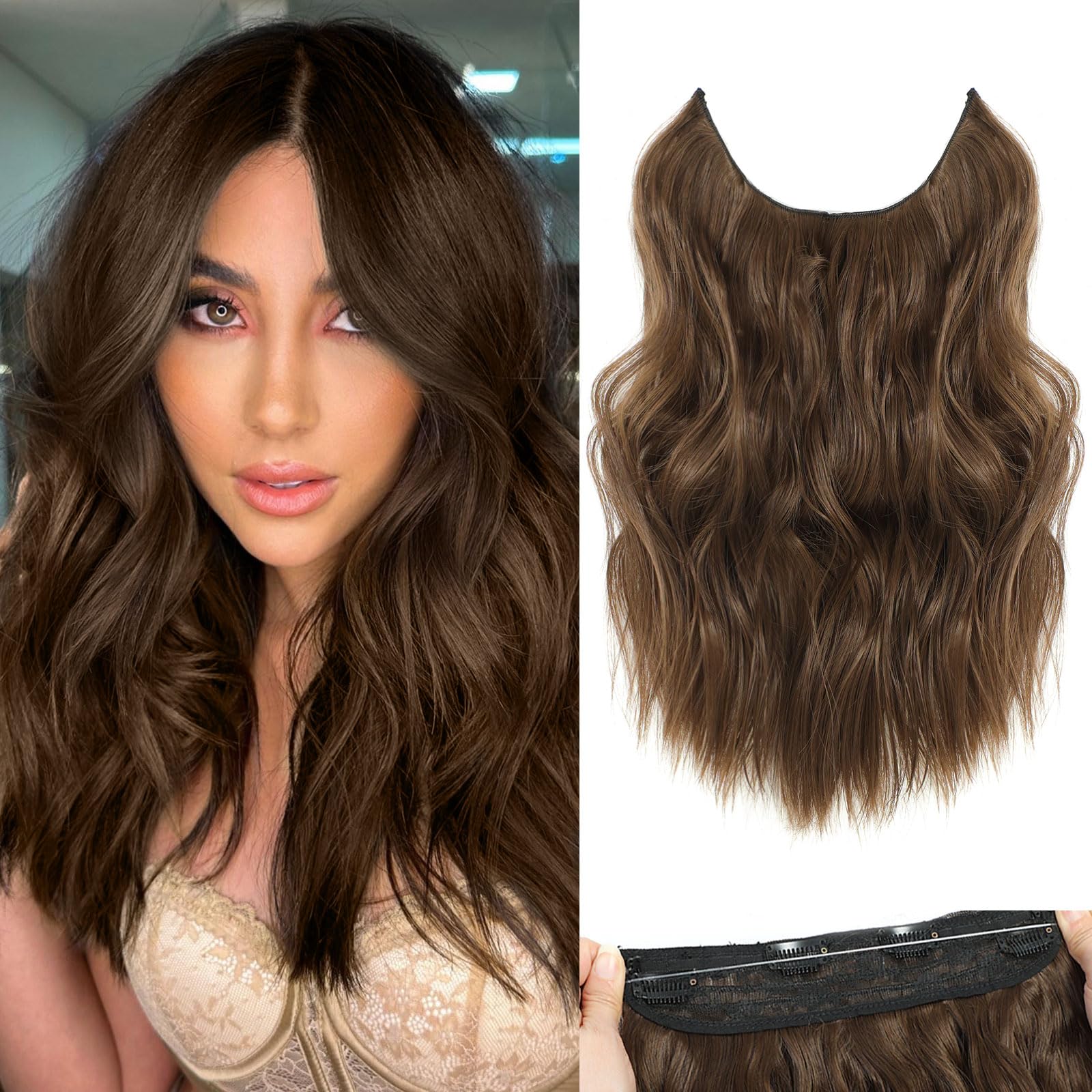 Photo 1 of BUPPLER Halo Hair Extensions 12 Inch Invisible Wire Hair Extensions Adjustable Long Wavy Hairpiece Synthetic Upgrade 4 Secure Clips in Hairpieces 12 Inch,Chestnut Brown