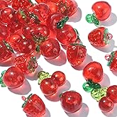 Ipotkitt 30 Pcs 3 Styles Red Transparent Acrylic Fuit Charms Cute Strawberry Apple Cherry Bead Dangle Charms for Bracelet Necklace Earring Making Gift