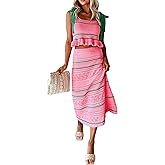 Seyumixi Women Crochet Knit 2 Piece Vacation Outfits Sleeveless Striped Tie Shoulder Tank Top Bodycon Midi Skirt Set