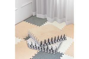 Amylove 36 Pcs Plush Foam Floor Mat Square Interlocking Carpet Tiles with Border Fluffy Play Mat Floor Tiles Soft Climbing Area Rugs for Home Playroom, 12 x 12 x 0.4 in (White,Light Gray,Camel)