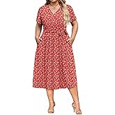 IN'VOLAND Women Plus Size Short Sleeve Dress Casual Wrap V Neck Belted Vacation Beach Midi Dresses with Pockets
