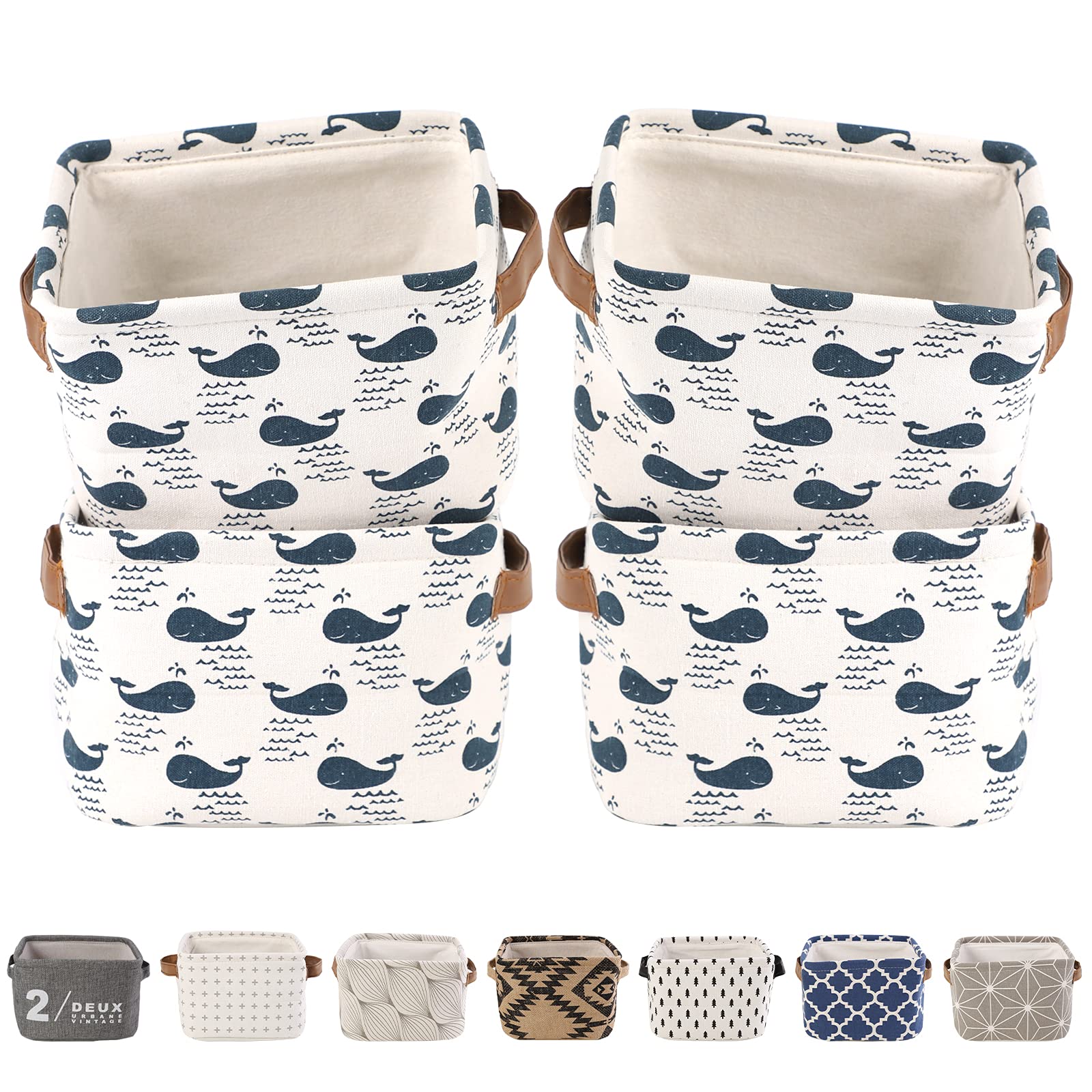 LessMo 4 Pack Storage Baskets, Collapsible Mini Storage Boxes, Canvas Fabric Waterproof Storage Bins made from Cotton and Linen, for Toys, Bathroom, Closets, Playroom (WHALE, Thick fabric)
