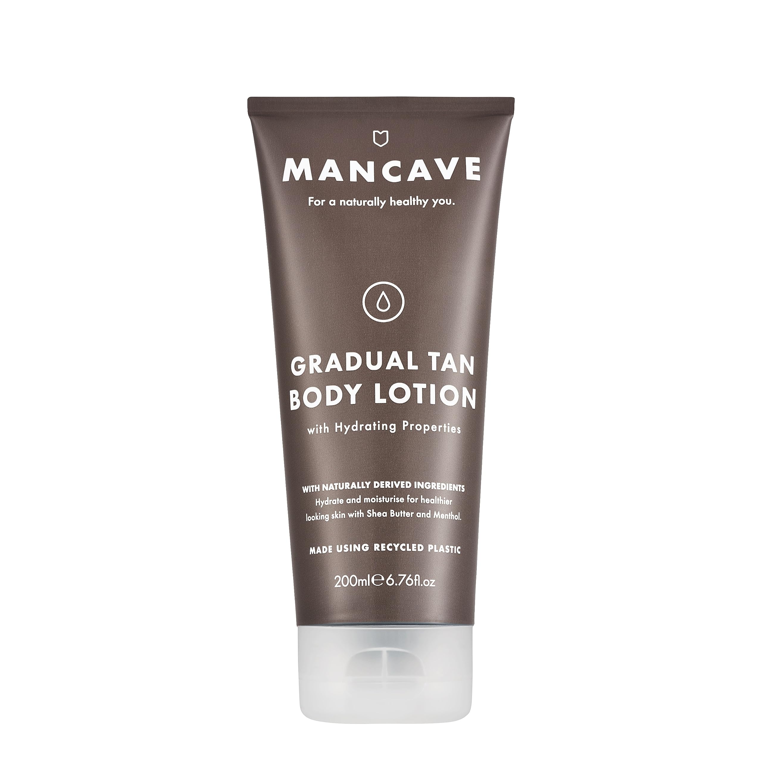 ManCave Healthy Looking Skin Gradual Tan Body Lotion 200ml for Men, Hydrate,Tone and Build a Healthy Glow with Shea Butter and Olive Oil,Vegan Friendly,Tube made from Recycled Plastics, Made in the UK