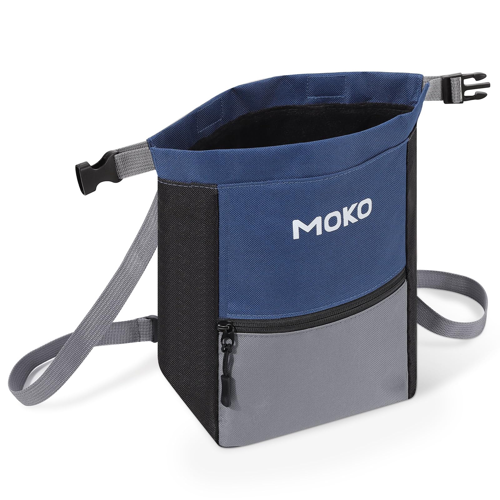 MoKo Chalk Bag for Rock Climbing, Large Capacity Climbing Chalk Bag with Magnetic Snap and Zipper Pocket, Portable Chalk Bucket for Rock Climbing, Weight Lifting, Bouldering, Gymnastics, Fitness, Blue