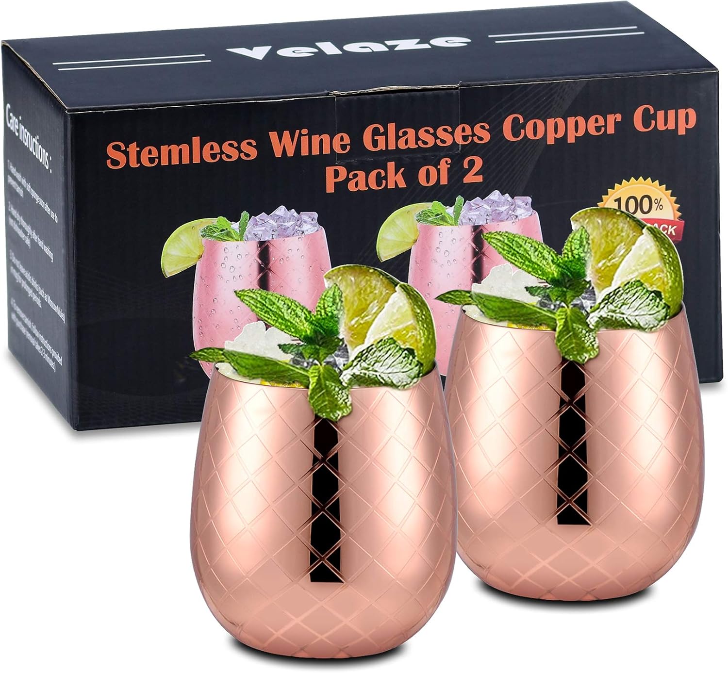 Velaze Copper Stemless Wine Glasses, 2 Piece Modern Etched Stainless