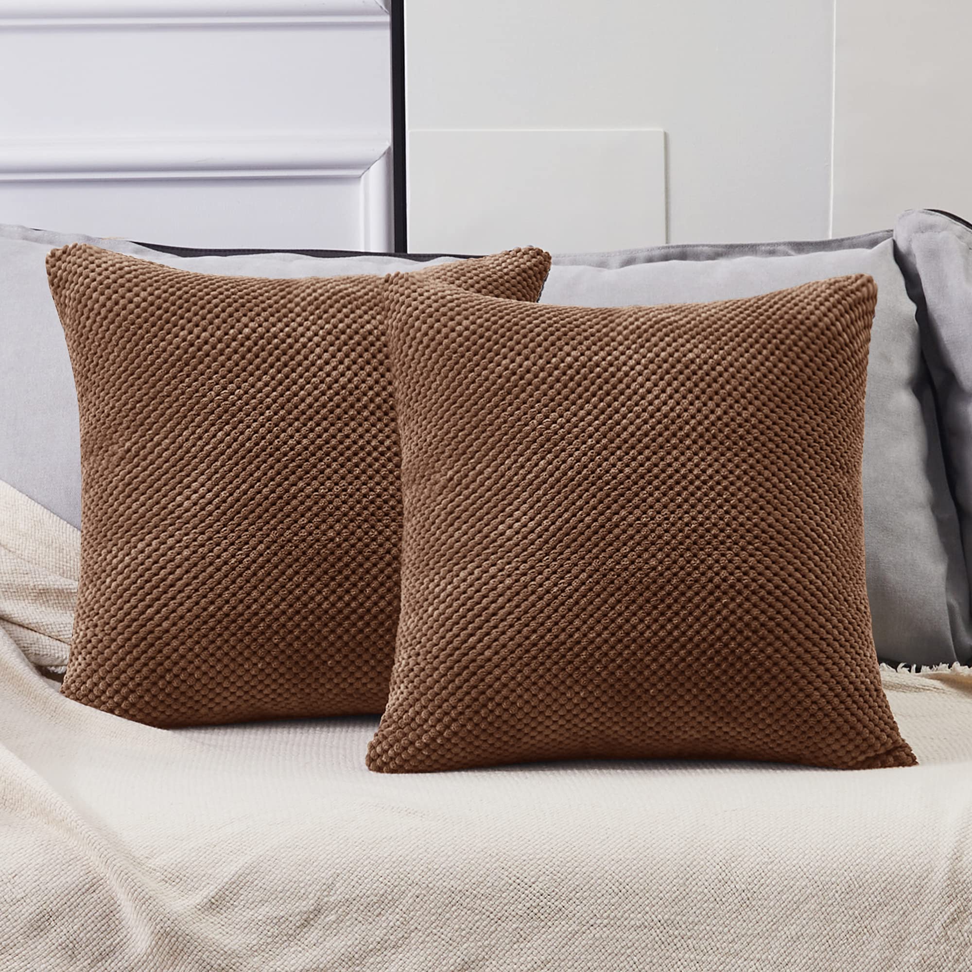 Deconovo Corduroy Cushion Covers 18x18 Inch 45 x 45 cm, Soft Pellets Square Throw Pillow Covers Pack of 2 for Sofa Bedroom with Invisible Zipper, Chocolate