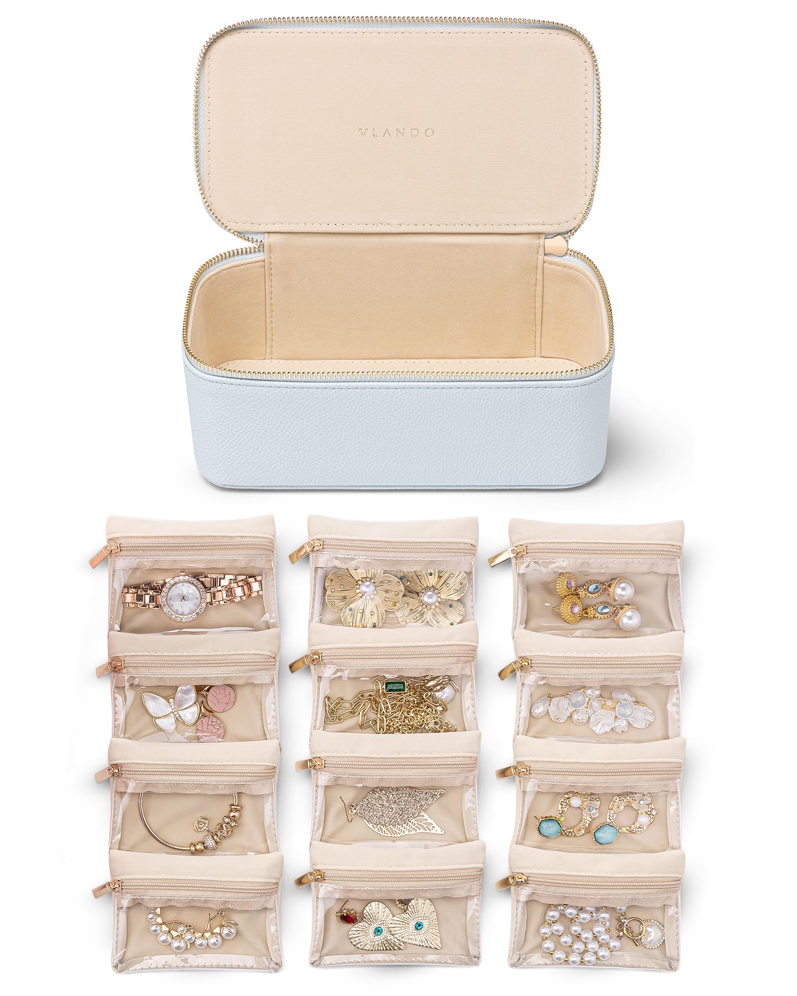 Photo 1 of Vlando Travel Jewelry Case,Jewelry Organizer with 12 Pcs Velvet Jewelry Pouches, PU Leather Jewelry Box for Travel Accessories Birthday Christmas Gifts for Women Girls-Baby Blue